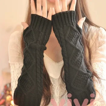 1 пара Осенне-зимних женских вязаных перчаток, рукав на запястье, грелка для рук, длинные зимние варежки в виде ромба для девочек, Перчатки без пальцев
