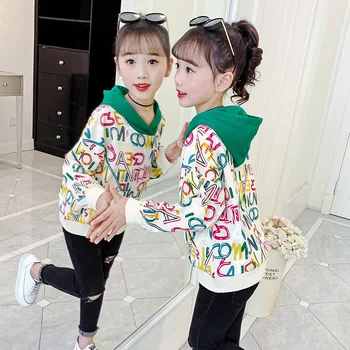 2023 Корейская демисезонная детская одежда для девочек с длинными рукавами, капюшоном и буквенным принтом, топ с круглым вырезом, пуловеры, свитера, одежда для начальной школы для девочек