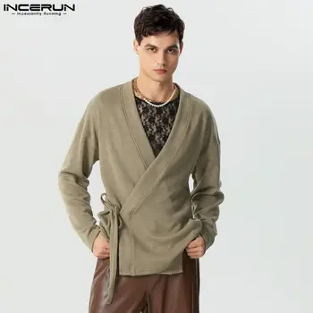 2023 Мужские свитера, однотонный кардиган на шнуровке с V-образным вырезом и длинным рукавом, уличная трикотажная Модная Повседневная мужская одежда INCERUN S-5XL