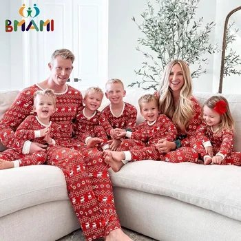 2023 Новый Рождественский Семейный Пижамный комплект, Подходящая к Рождеству Одежда для всей семьи, Домашняя Теплая Новогодняя одежда для всей семьи красного цвета с принтом и длинными рукавами