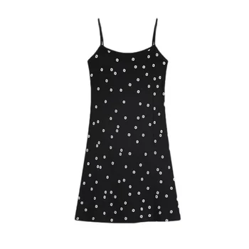 2023 Черное платье-слинг Женское летнее платье с принтом в виде маленькой маргаритки с вырезом лодочкой Мини-короткие платья трапециевидной формы Женская одежда