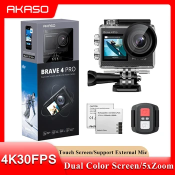 AKASO Action Camera Brave 4 Pro Спортивная Камера 20MP 131ft Водонепроницаемая Камера С Двойным Экраном И 5-Кратным Зумом Подводная Камера С Поддержкой Микрофона