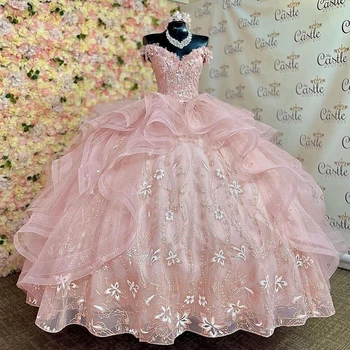 ANGELSBRIDEP Розовые бальные платья Пышное платье с аппликацией из бисера Платье для выпускного вечера Кружева Sweet 16 Princess Party Официальное платье на День рождения