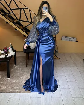 ANGELSBRIDEP Темно-синее платье для выпускного вечера с V-образным вырезом и длинными рукавами, элегантное атласное платье для арабской вечеринки, официальное платье для матери невесты