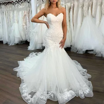 ANGELSBRIDEP Элегантное Свадебное платье Русалки с открытой спиной и шлейфом в виде сердца, свадебное платье с кружевной аппликацией Robe De Mariee