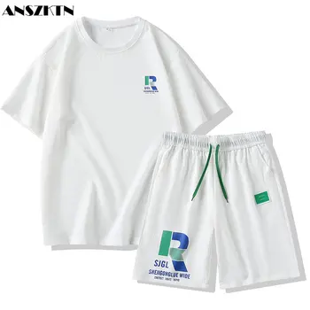 ANZKTN, летние мужские шорты с короткими рукавами, повседневный молодежный спортивный комплект, модная свободная футболка