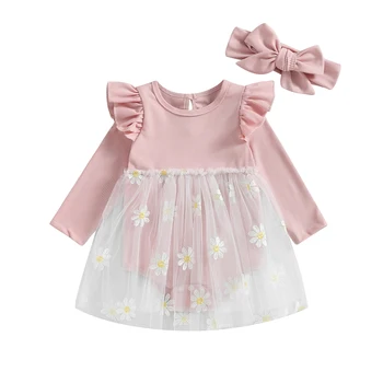 BeQeuewll/ осеннее платье-комбинезон для маленьких девочек, сетчатая одежда принцессы с оборками и цветочной вышивкой, с повязкой на голове