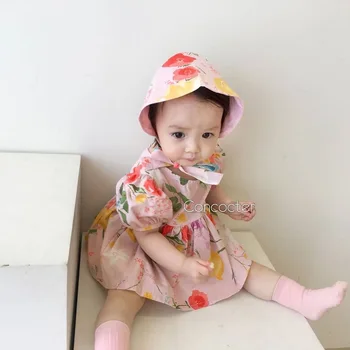 Floral Printed Baby Clothes Fashoin Cotton Baby Romper + Hat Korean Newborn Bodysuit Overalls for Kids боди для новорожденных