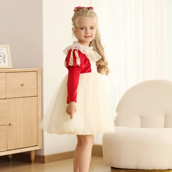 HoneyCherry Зимнее новое красное рождественское платье с длинными рукавами, милые кружевные платья принцессы с блестками, одежда для девочек