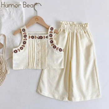 Humor Bear Летний комплект одежды для девочек Жилет с вышивкой без рукавов + широкие брюки 2шт Детская одежда в корейском стиле для малышей