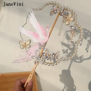 JaneVini Новейшие китайские свадебные букеты, веер, Розовая вышивка, Феникс, цветы ручной работы, жемчуг, Металлический полый веер, свадебные аксессуары