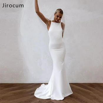 Jirocum 2024 Элегантное и простое свадебное платье с рыбьим хвостом, белое, с низким круглым вырезом, без рукавов, из мягкого атласа, облегающее длинное свадебное платье