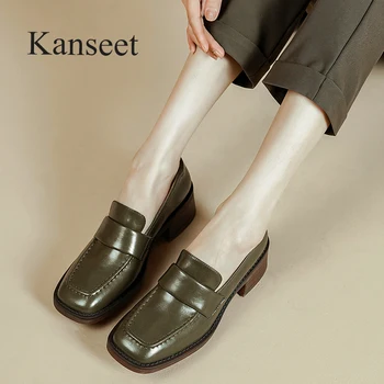 Kanseet/ Новинка весны, лаконичные лоферы, Зеленые женские туфли с квадратным носком, повседневная женская обувь ручной работы из натуральной кожи на толстом каблуке 40 г.