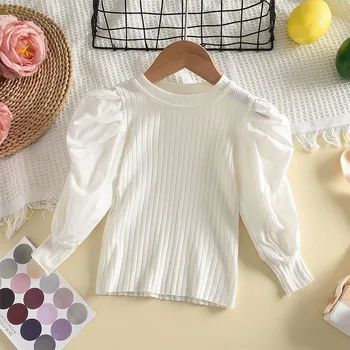 Menoea Girls' Shirt 2023, Новый трикотаж для девочек с круглым вырезом, рубашка с длинным рукавом с пузырями, детская рубашка принцессы, милый пуловер