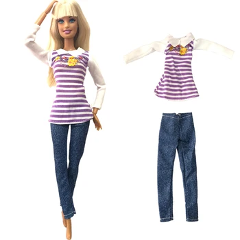 NK 1x Кукольная одежда Модная фиолетовая рубашка с длинными рукавами, джинсы для повседневной носки, аксессуары для куклы Барби, милая игрушка для девочек