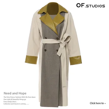 Of.Studios Высококачественное модное Длинное пальто Осеннего британского стиля с поясом в стиле пэчворк, Цветная кожаная клетка, Длинный тренч, лидер продаж