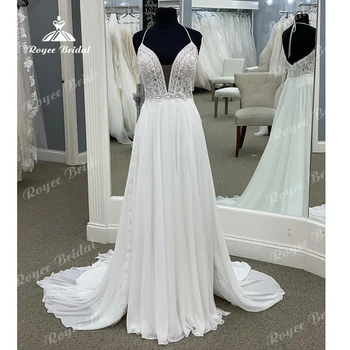 Roycebridal Кружевное Богемное свадебное платье в стиле Бохо-шик с глубоким V-образным вырезом, Шифоновое Пляжное свадебное платье на бретельках 2024 года