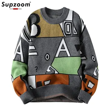 Supzoom 2023 Новое поступление, осенне-зимние толстые пуловеры с круглым вырезом и геометрическим рисунком, Модный повседневный молодежный студенческий свитер для мужчин