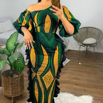 Африканские платья для женщин, весна-осень, Африканские женщины, длинное платье с рукавом-фонариком из полиэстера, длинное платье с коротким рукавом, платье Макси, Африканская одежда