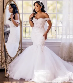 Африканские элегантные свадебные платья русалки для невесты 2023 с открытыми плечами на шнуровке, расшитые бисером Свадебные платья, вечерний халат