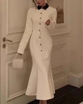 Белое Простое Вечернее Коктейльное Платье Sapmae С Круглым вырезом И Пуговицами-Футляром 
