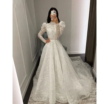 Блестящие свадебные платья трапециевидной формы с высоким воротом для женщин, Иллюзионные свадебные платья с пышными рукавами из Саудовской Аравии, шлейф Robe De Mariée 2024