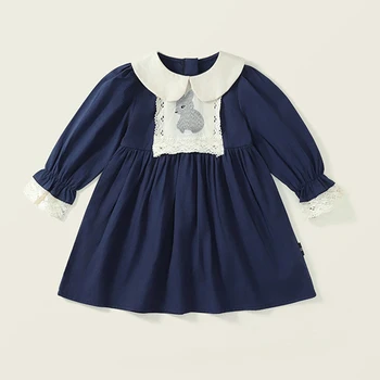 Весенне-осенние платья для девочек, темно-синее платье с длинным рукавом и рисунком Кролика, повседневные платья с оборками, детские платья, детская одежда