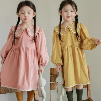 Весеннее детское платье для девочек в корейском стиле 2024 года, новое милое платье с цветочным отворотом и вышивкой, платье принцессы, повседневная детская одежда