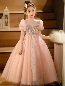Вечерние платья для девочек Роскошное праздничное платье 2023 года, Детское платье для фортепианного выступления, кружевное сетчатое платье принцессы с длинными рукавами K28