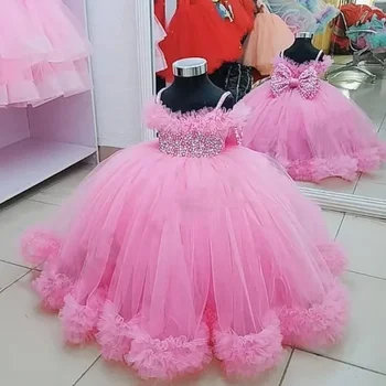 Винтажное розовое бальное платье для девочек в цветочек, платье на бретельках, детское платье для вечеринки по случаю Дня рождения, костюмы, платья