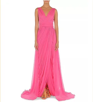 Винтажные длинные вечерние платья из розового шифона и атласа с разрезом, V-образный вырез, плиссированная молния сзади, шлейф для выпускного вечера, платья для женщин