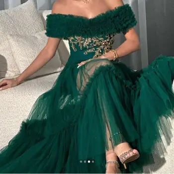 Выпускные платья с открытыми плечами Длиной до пола, тюлевые кружевные зеленые вечерние платья с вышивкой, женское вечернее платье Саудовской Аравии