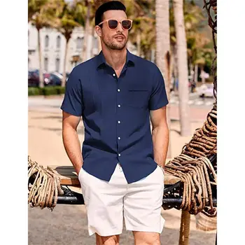 Горячая распродажа мужских рубашек Cotton Line, летние однотонные рубашки с отложным воротником, повседневный пляжный стиль, размер 3XL