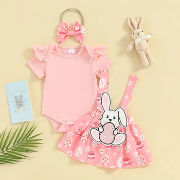 Девочка Пасхальный Кролик наряд юбка с вышивкой и волнистым рукавом ползунки топы для новорожденных девочек, платье Пасха оголовье 3шт