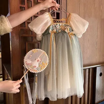 Детская одежда, платье для девочек с короткими рукавами, Летнее сетчатое пышное платье принцессы Для маленькой девочки Baby Hanfu