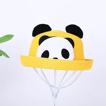 Детская соломенная шляпа для девочек и мальчиков, летние пляжные кепки с закатанными полями с изображением мультяшной панды, для малышей, для путешествий на море, 2023, детские уличные шляпы