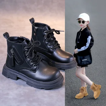 Детские кожаные ботинки в британском стиле, новинка 2023 года, осенне-зимние ботильоны на нескользящей резиновой подошве на молнии Для маленьких мальчиков и девочек, модная обувь