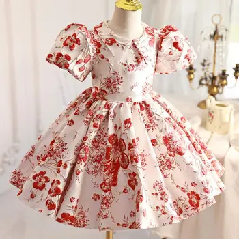 Детское бальное платье принцессы в испанской Лолите с отворотом в виде красного цветка, платья на День рождения, Крестины, Пасху Ид для девочек A2389