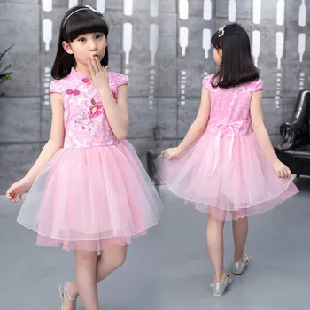 Детское традиционное платье Чонсам в китайском стиле для девочек, белое Розовое платье с цветочным рисунком, Китайское элегантное платье принцессы для вечеринки