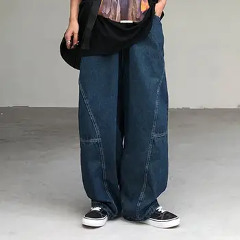 Дышащие мужские брюки Винтажные брюки карго Свободные широкие брюки с глубоким вырезом в промежности Уличная одежда в стиле хип-хоп с карманами в стиле пэчворк Мужские