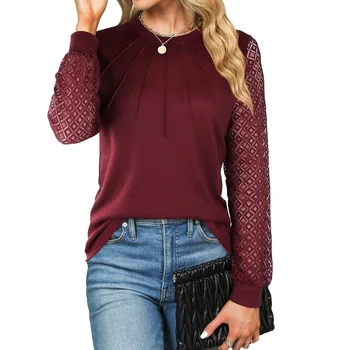 Женская футболка, Блузки с длинным рукавом, Круглый вырез, Кружевные рубашки, Повседневные, Женские топы, Однотонный топ, мода, Осень, Зима