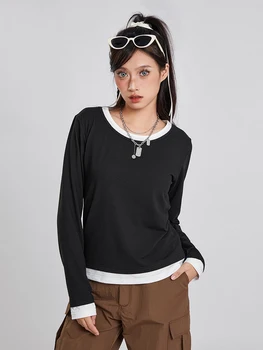 Женская футболка с длинным рукавом, круглый вырез, укороченный топ блочного цвета, накладные осенние топы в стиле пэчворк из 2 частей, пуловер Оверсайз, Уличная одежда
