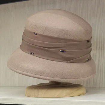 Женская шерстяная шляпа-клош, Теплая зимняя шляпа, Асимметричная Широкополая шляпа с сеткой, Церковная шляпа, форма лампы, Зимние Фетровые шляпы, круглый цилиндр