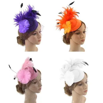 Женская шляпа-чародейка, женская шляпа с цветочной сеткой, ленты, фетровые шляпы с перьями, повязка на голову или зажим для коктейльного чаепития, головной убор для девочек