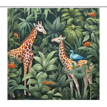 Занавеска для душа в стиле тропического леса с жирафом для шикарного декора ванной комнаты, прочная водонепроницаемая, 183x183 см, в комплекте 2 крючка