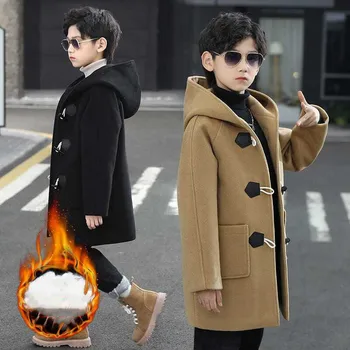 Зимнее пальто из шерсти и смесей для мальчиков 2023 года, новая мода, однобортное однотонное пальто с капюшоном, теплая детская верхняя одежда из хлопка высокого качества