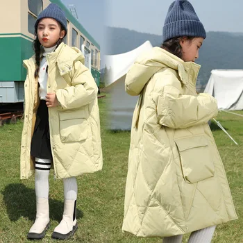 Зимние Теплые непромокаемые однотонные куртки с капюшоном на молнии для девочек, длинные толстые пуховики для школьников, пуховики, верхняя одежда для детей, парка от 5 до 14 лет
