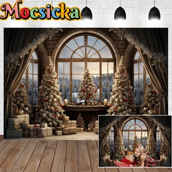 Зимний Рождественский фон для декора комнаты, Винтажное окно, Подарки на Рождественскую елку, Сосновый фон, Студийная фотосессия, Реквизит для семейного портрета