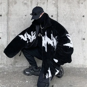 Зимняя новая куртка из овечьей шерсти Harajuku с модным повседневным рисунком Оверсайз, мужские утепленные теплые парки в стиле хип-хоп, свободное пальто