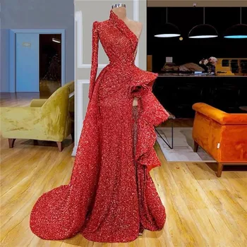 Изысканное Красное Вечернее Платье С Блестками И Круглым Воротником Женское Элегантное Русалочье Платье С Высоким Разрезом Для Выпускного Вечера Robe De Soiree Vestidos